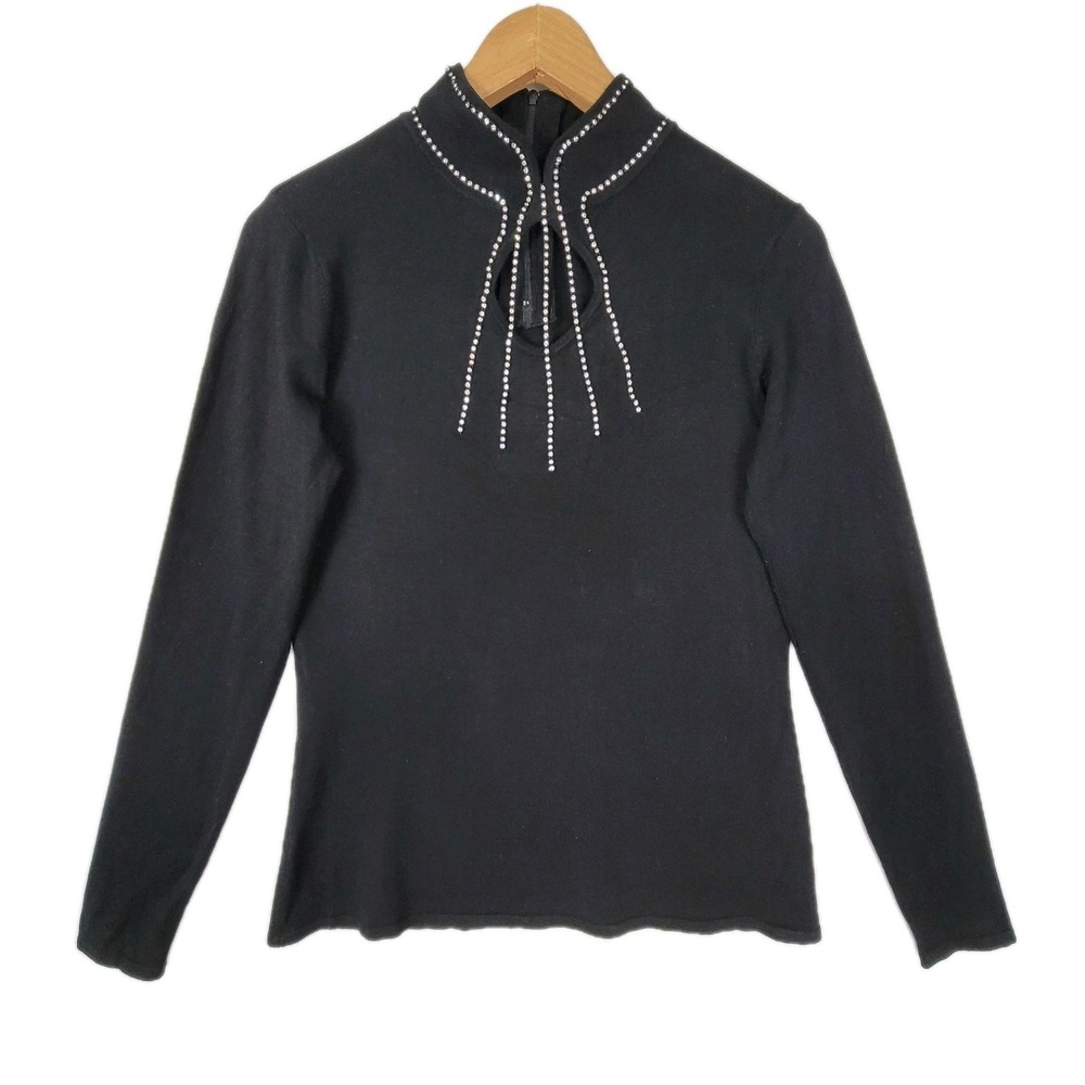 REBA BLACK RHINESTONE MOCK NECK KEYHOLE LONG SLEEVE KNIT TOP SWEATER SMALL NWT